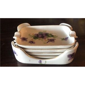 Vintage Norcrest Japan Ashtray Set with Holder Hand Painted Gold Trim Excellent